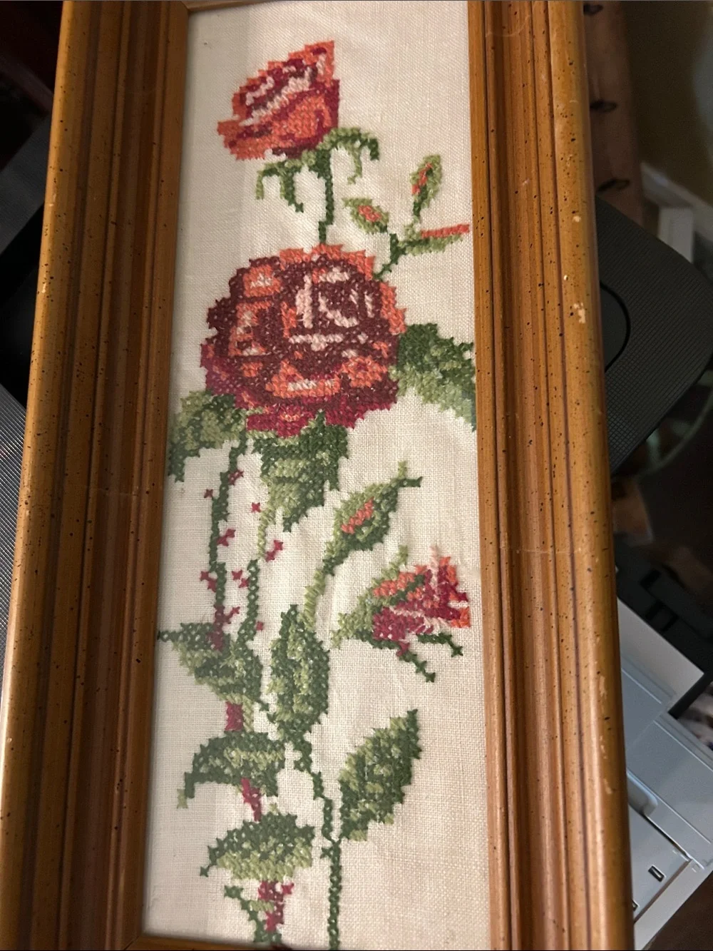Framed Professionally in a deep wide frame Wine and Green Floral-Stitch Roses EC
